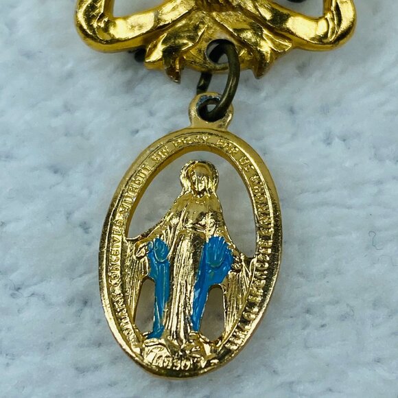 Vintage Gold-Tone Bow & Virgin Mary Religious Brooch Pin Blue Enamel Accents - Picture 4 of 16